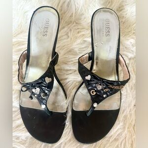Guess Women’s Vintage Heels Size 8.5 Black Charm Strap Clear Lucite Wedge